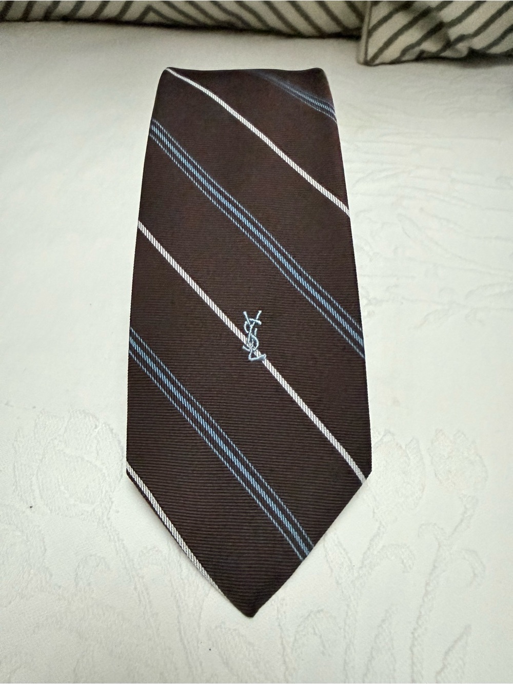 Yves Saint Laurent Brown Tie with Light Blue and White Diagonal Stripes